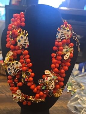 Sassy Jones Red Multi-Strand Beaded Necklace with Enamel Bug Charms